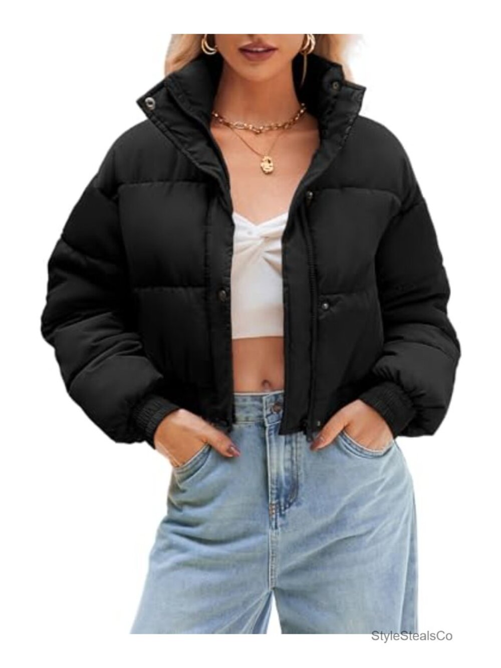 Cropped Quilted Puffer Jacket Warm Zip Snap Lightweight Women